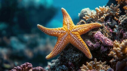 Vibrant orange starfish resting on colorful coral reef.