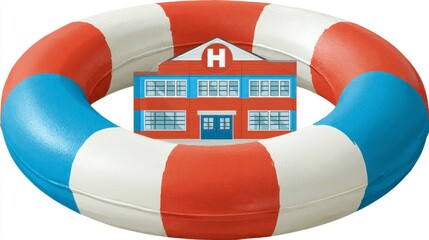 A lifebuoy encircling a medical facility symbolizing safety and healthcare support