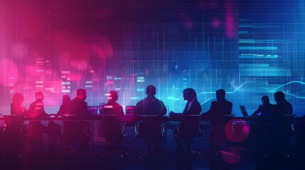 Corporate team strategizing in a collaborative meeting with digital technology tools for advanced marketing data analysis and informed investment decision-making in a modern business environment 