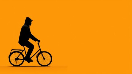 Silhouette of a person riding a bicycle against a vibrant orange background. The image is minimalist and features a simple, side profile view. 