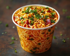 A steaming bowl of spicy ramen topped with fresh herbs and vegetables