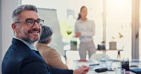 Portrait, happy businessman and mature manager in investment meeting, coworking and private equity...