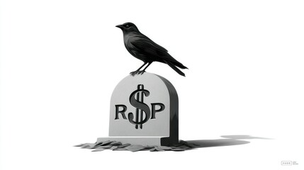 Fototapeta premium A crow perched on a tombstone with dollar sign symbolizing financial death or economic crisis