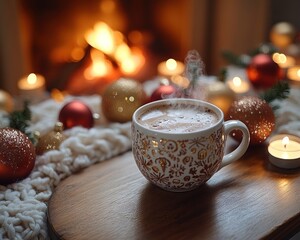Cozy Christmas hot drink by fireplace