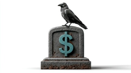A crow perched atop a weathered tombstone with a dollar sign symbolizing financial decay and e