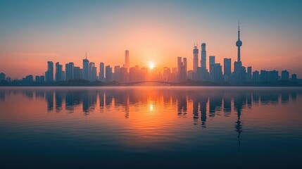 Obraz premium City skyline at sunset with reflections on water, showcasing urban landscape beauty