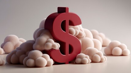 A bold red dollar sign emerging from fluffy clouds symbolizing financial success and wealth
