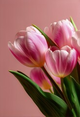 Naklejka premium Beautiful Pink and White Tulips Arranged With Vibrant Green Leaves Against a Pink Background