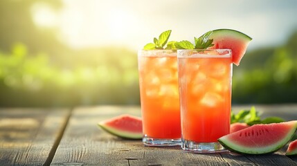 Chilled watermelon flavored craft beer with juicy slice in tall glass, outdoor rustic vibes and summer atmosphere