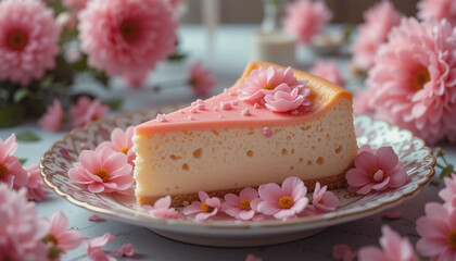Delicious Slice of Cheesecake Decorated with Pink Flowers and Petals on a Beautiful Plate - A Stunning Close-Up of Sweet Dessert Surrounded by Fresh Floral Accents