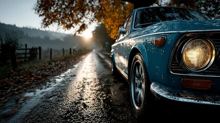 Vintage Car on a Wet Autumn Road with Sunlight Reflecting