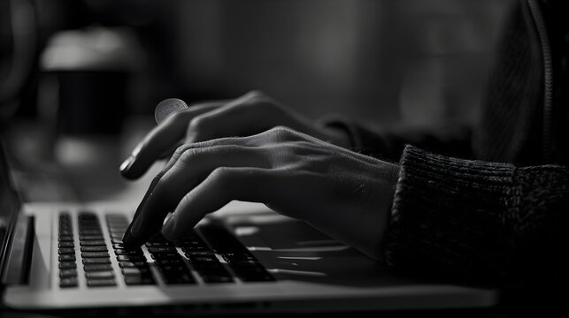 Close up of hands typing on a laptop keyboard in a monochrome black and white photograph style