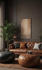 Black poufs accent brown couch in eclectic living room  Vintage style, dark interior ,  boho chic,  eclectic decor