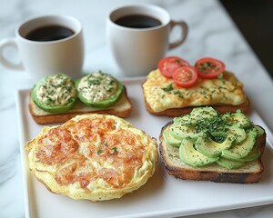 Four gourmet breakfast sandwiches, with coffee