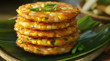 A stack of five golden Perkedel Jagung (Indonesian corn fritters) garnished with fresh green onions, resting on a vibrant green banana leaf.