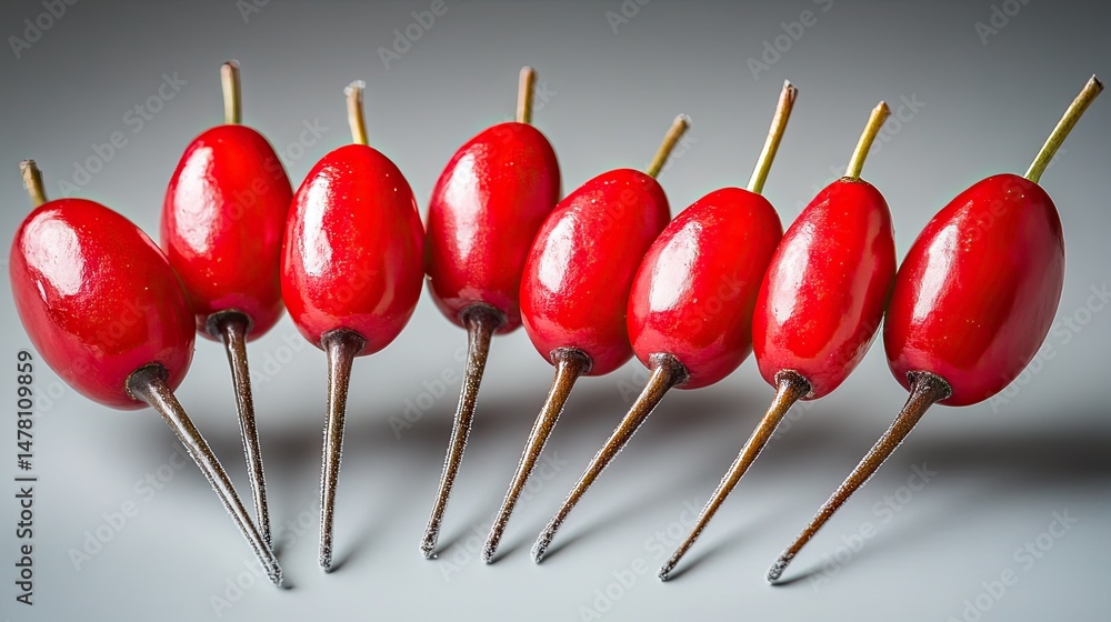 Poster close-up view of bright red berries on skewers.
