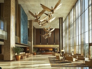 Modern lobby showcases golden bird sculptures, glass facade, & elegant seating area