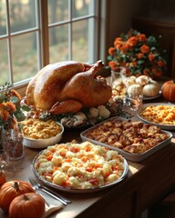 Festive Thanksgiving feast, roasted turkey, side dishes, and autumnal decor