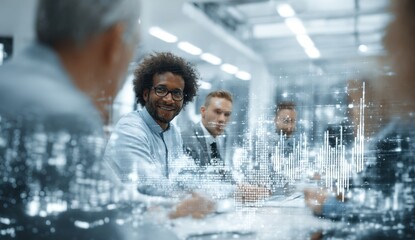 Smiling businessman in a meeting, data visualization overlay.