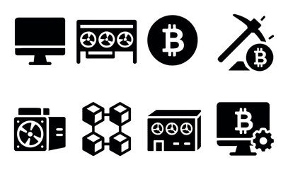 Cryptocurrency mining icons: computer, bitcoin, blockchain, mining