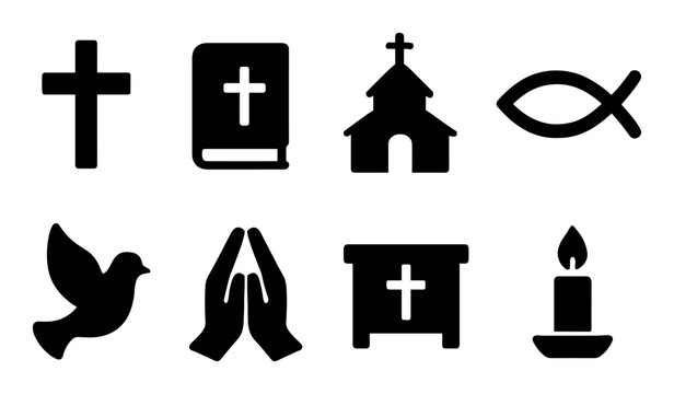 Christian symbols: cross, bible, church, fish, dove, prayer, altar