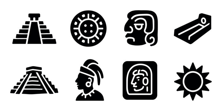 Ancient mayan glyphs and symbols - pyramids, faces, sun icon
