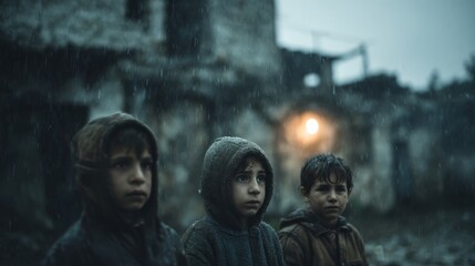Three children in hooded clothing standing in the rain near war-torn buildings at dusk.