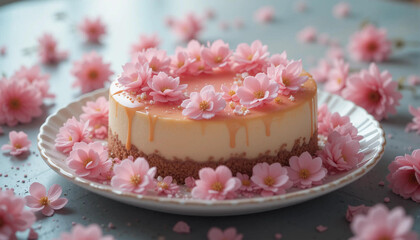 Beautiful Cheesecake with Caramel Drip and Pink Flowers on Top - A Delicious Dessert Surrounded by Fresh Floral Accents for a Stunning Visual