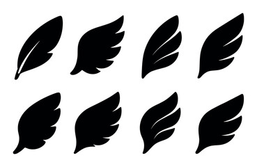 Wing design icons set – silhouette, solid, isolated feathers and flight symbols