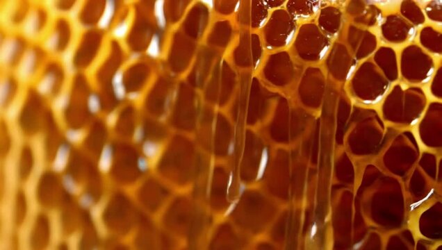 Macro Honeycomb with Dripping Honey, Golden Amber Colors, Natural Sweetness and Food Ingredient