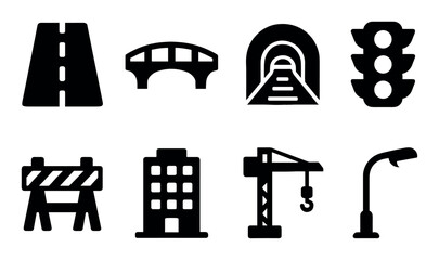 Urban infrastructure icons: road, bridge, tunnel, traffic light