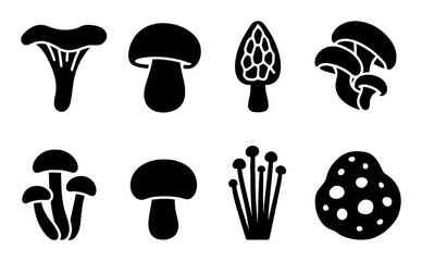 Silhouette icons of various mushroom types in black and white