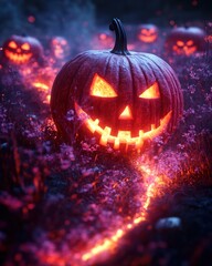 Illuminated jack-o'-lanterns in a mystical night setting.  Fiery trails winding through glowing flowers