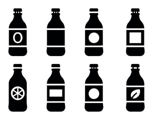 Black and white beverage bottle icons with various label designs