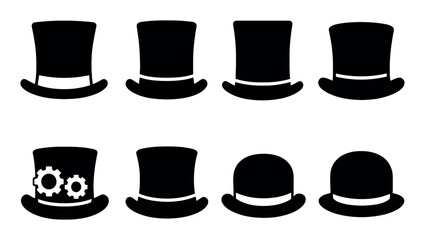 Collection of various top hats and bowler hat silhouettes