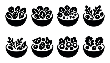 Silhouette icons of fresh veggie and fruit bowls in black and white