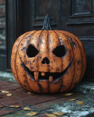 Spooky carved pumpkin on doorstep