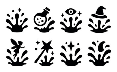 Magic elements icons: potions, spells, wands, fairy, witch hat, eye