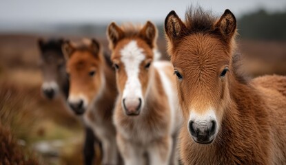 Three young foals stand close together in a field, their coats a mix of brown and white. A heartwarming autumn scene.