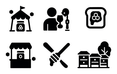 Honey festival icons: tent, tasting, toast, market, bees, nature