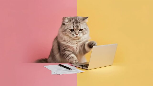 Funny fluffy silver tabby cat energetically typing on laptop at desk with pink and yellow background. Cute cat busy working or stressed. Cat at office, work pressure, deadline and anxiety concept