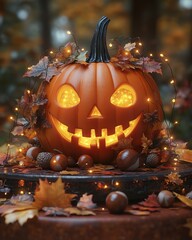 Illuminated Jack-o'-lantern adorned with autumn leaves and fairy lights