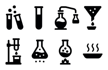 Chemistry lab icons – test tubes, flask, funnel, beaker, distillation