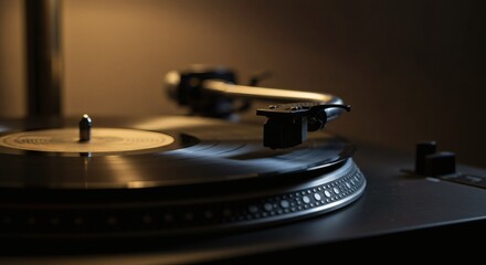 Close-up of Vinyl Record Spinning on Turntable Conveying Nostalgia and Vintage Audio Experience Capturing the Essence of Music History