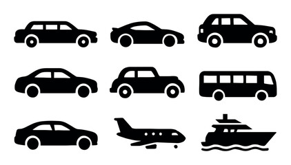 Variety of transportation icons: cars, bus, airplane, boat silhouettes