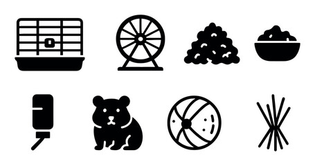 Naklejka premium Hamster care essentials: cage, wheel, food, water, toys illustrated