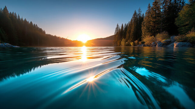 Sonnenaufgang &uuml;ber t&uuml;rkisblauem See mit Kiefernwald, Sonnenstrahlen spiegeln sich im Wasser