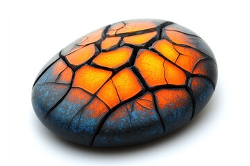 Ornate stone, cracked and colorful.  Vibrant orange and dark blue design