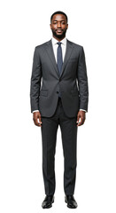 Full-length studio portrait of a confident young adult Black businessman in a sharp grey suit and tie, standing formally against a plain transparent background.
