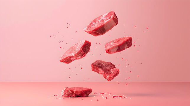 close-up of levitating meat on a pink background